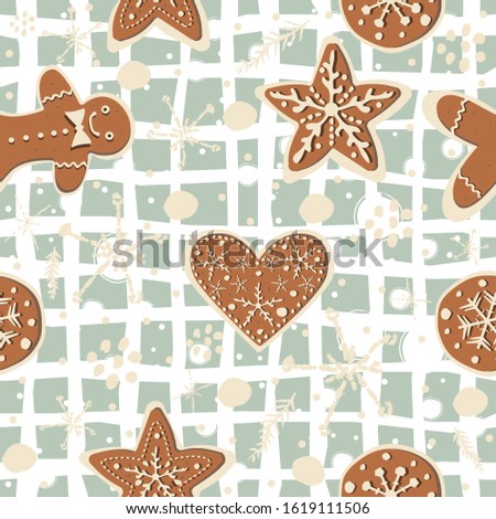Seamless Winter Pattern with hand drawn cookies and funny winter doodles. Delicate Design. Vector Illustration.