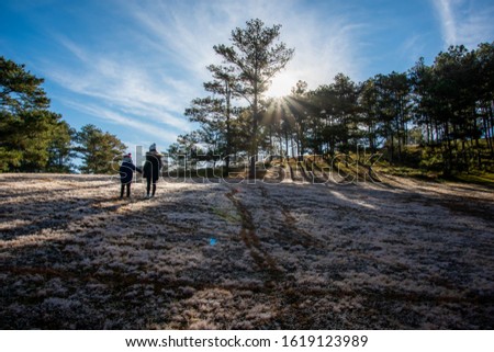 bright sunbeams on the beauty meadow at plateau with the warm, peaceful and blue sky. Best photo use for advertise travel, ideas design and more