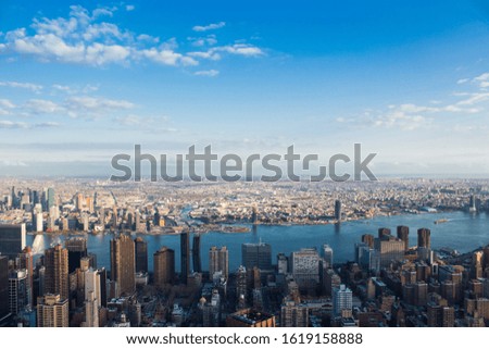 New York buildings with blue skies from the sky