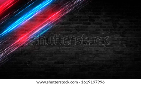 Old brick wall with neon lights. Neon shapes on brick wall background. Dark empty room with brick walls.