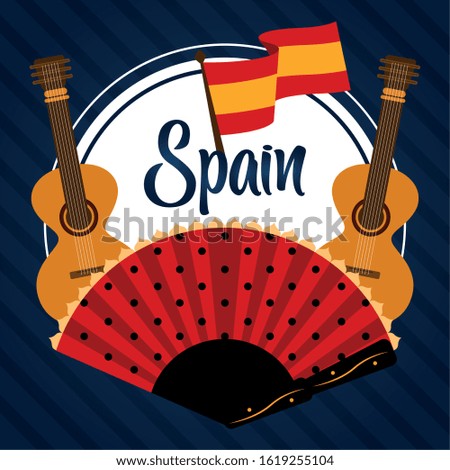 Travel to Spain poster with wooden guitars and a hand fan - Vector