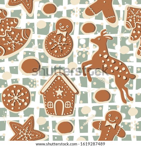 Seamless Winter Pattern with hand drawn cookies and funny winter doodles. Delicate Design. Vector Illustration.