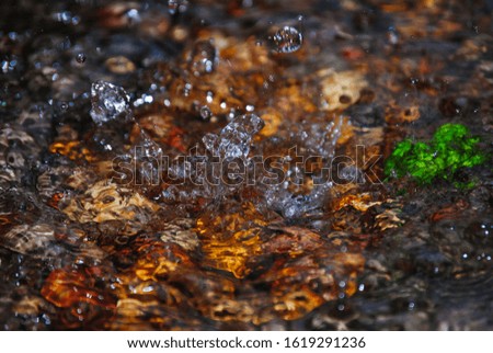 Rain water falling in a puddle on rocks.