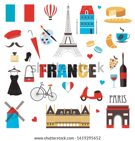 France symbols and icons set. Vector illustration