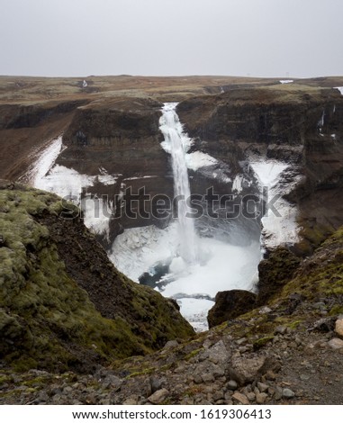 View of Haifoss waterfall in Iceland at the beginning of winter