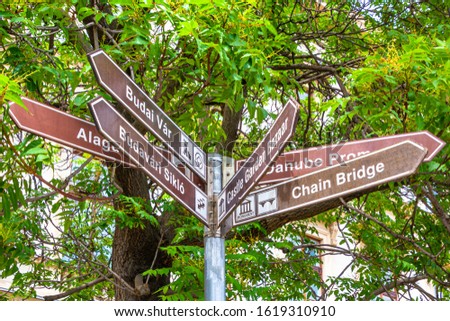 Signpost to tourist sights in Budapest, Hungary