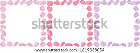 Vector frame of isolated pink, red, lilac rose flower petals. Mother of pearl petals in a watercolor style. Romantic design for love cards, congratulations, weddings, Valentine's Day.