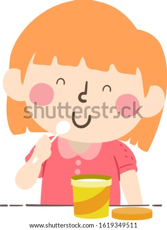 Illustration of a Kid Girl Holding Spoon and Eating Ice Cream Out of a Tub