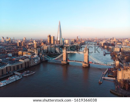 Drone photo Thames river London with Tower Bridge and Shard during Sunsire