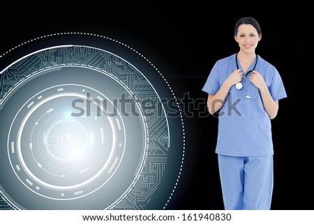 Composite image of young and confident medical intern wearing a blue short-sleeve uniform 