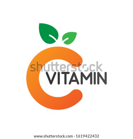 illustration vector graphic of citrus fruit like the letter C with two green leaves on it which illustrates vitamin C, for a company logo or symbol Royalty-Free Stock Photo #1619422432