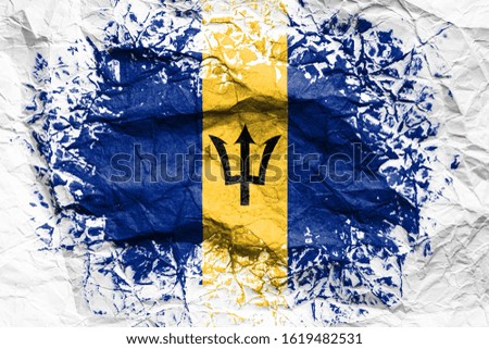 The national flag of the Barbados
  is painted on crumpled paper. Flag printed on the sheet. Flag image for design on flyers, advertising.
