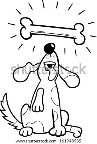 Black and White Cartoon Illustration of Cute Dog with Big Dog Bone for Coloring Book