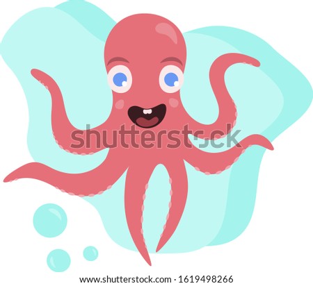 Cute Cartoon Marine Octopus Creature, Flat Vector Illustration.  Clip Art Isolated Element on White Background.