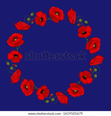 Beautiful wreath of red poppies with buds on a phantom blue background. Realistic style. Spring pattern. Rustic decor. Template for a card with flowers.