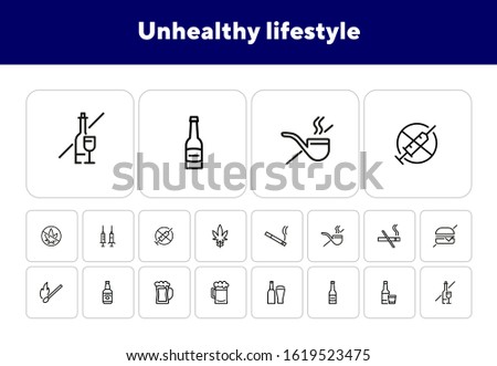 Unhealthy lifestyle line icon set. Set of line icons on white background. Beer, match, cigarette, burger. Harmful things concept. Vector illustration can be used for topics like bar, club, lifestyle