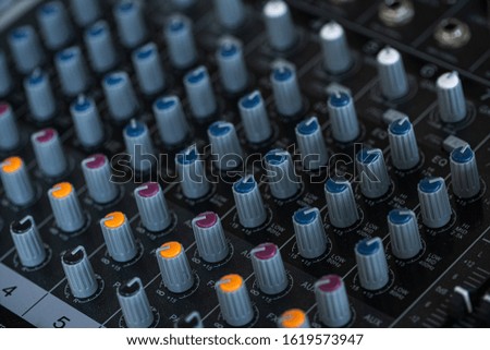 mixer console Audio sound close-up buttons. Music mixer control panel. 