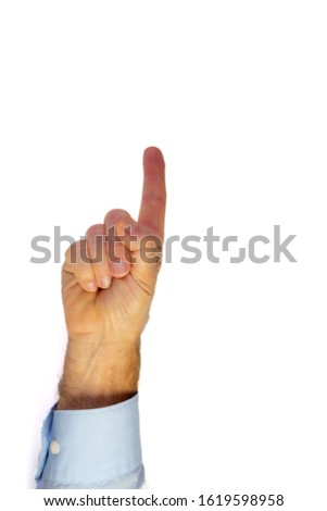 right hand of a man in light blue business shirt with streched out forefinger pointing at something, white background, copy space