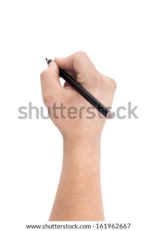 Hand holding a blue marker isolated on white with copy space.