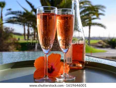 Two glasses of rose bubbles champagne or cava wine romantic served with pink hibiscus flower outside on tropical island with palm trees and green grass