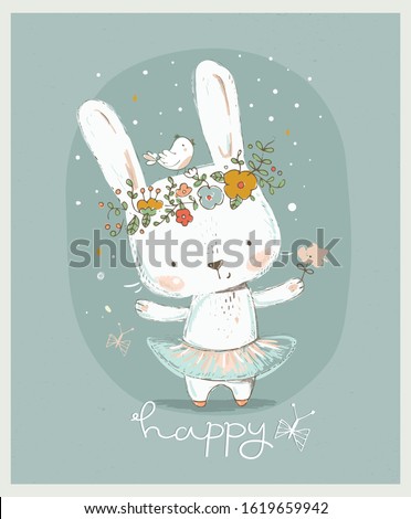 Cute white Bunny girl. Happy Easter card.Hand drawn vector illustration
