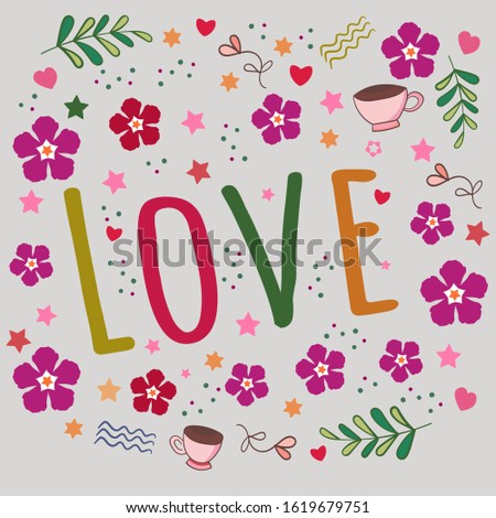 Love inscription in a frame of flowers, hearts, floral ornament. Vector illustration on color backgrounds.