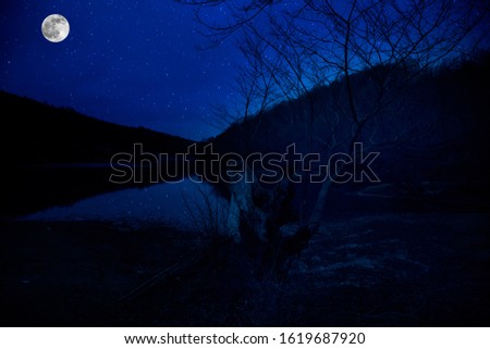 Landscape of gorgeous full moon over the snow-capped mountains reflected in the lake or mysterious night sky with full moon