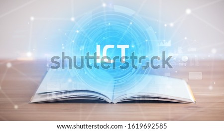 Open book with ICT abbreviation, modern technology concept