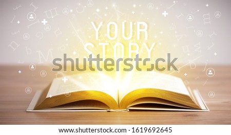 Open book with YOUR STORY inscription, social media concept