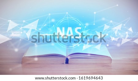 Open book with NAS abbreviation, modern technology concept