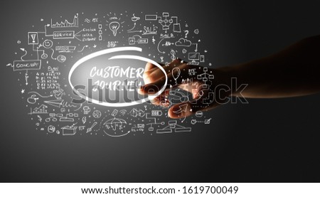 Hand touching CUSTOMER JOURNEY inscription, hand drawn icons around, business plan concept
