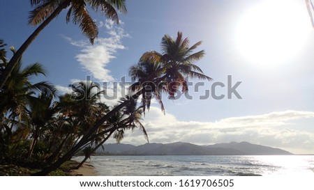 A bright, late morning sun rises over distant mountains shrouded in a low cloud bank in a blue sky while leaning palms stand over the gentle waves lapping the beach