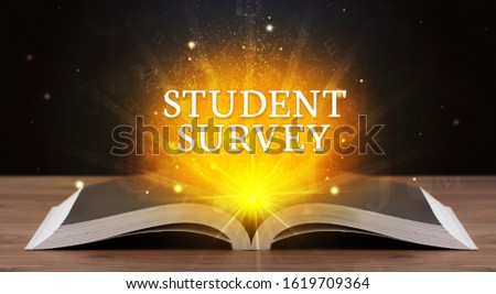 STUDENT SURVEY inscription coming out from an open book, educational concept