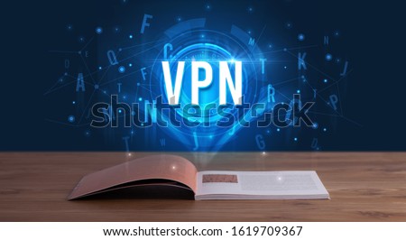 VPN inscription coming out from an open book, digital technology concept