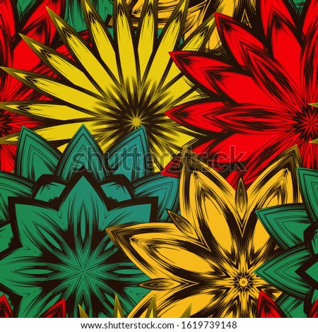 Seamless floral background. The gradient can be off. Tracery handmade nature ethnic fabric backdrop pattern with flowers. Textile design texture. Decorative color art. Vector