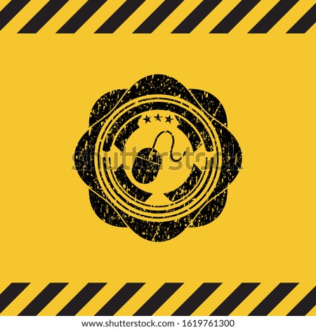 mouse icon black grunge emblem, yellow warning sign. Vector Illustration. Detailed.