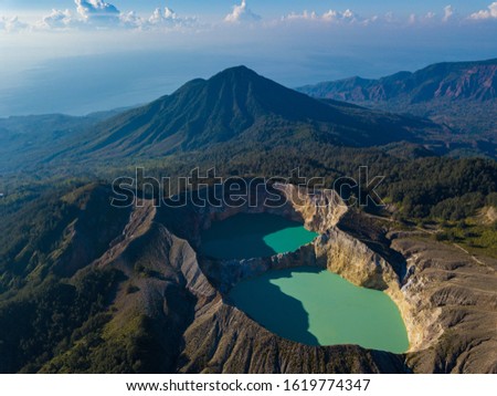 Beautiful morning aerial view of Kelimutu Crater Lakes, Moni, Flores, Indonesia. Travel photo from drone.