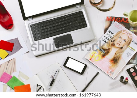 Still life of a fashion creative space./ Overhead of a essentials objects in a fashion blogger  Royalty-Free Stock Photo #161977643