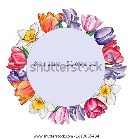 Spring flowers watercolor illustration using a hand-drawn liner. Daffodils, tulips, irises, leaves, stems. The set is suitable for creating postcards, paper products, stationery, corporate identity 