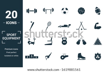 Sport Equipment icon set. Include creative elements dumbbells, soccer ball, baseball, hockey, exercise bike icons. Can be used for report, presentation, diagram, web design.