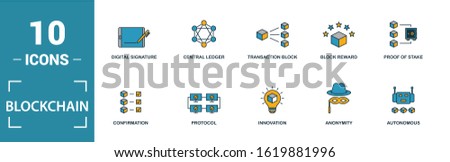 Blockchain icon set. Include creative elements block, distribution, confirmation, anonymity, protocol icons. Can be used for report, presentation, diagram, web design.