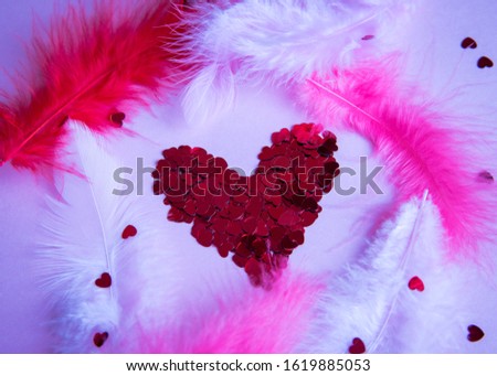 confetti heart on a pink background with feathers