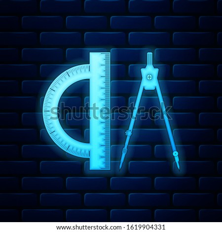 Glowing neon Protractor and drawing compass icon isolated on brick wall background. Drawing professional instrument. Geometric equipment. Education sign.  Vector Illustration
