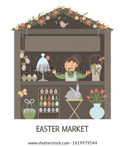 Vector illustration of Easter market stall with saleswoman with place for text. Little shop with spring holiday goods. Cute cartoon style banner with eggs, bunny, flowers