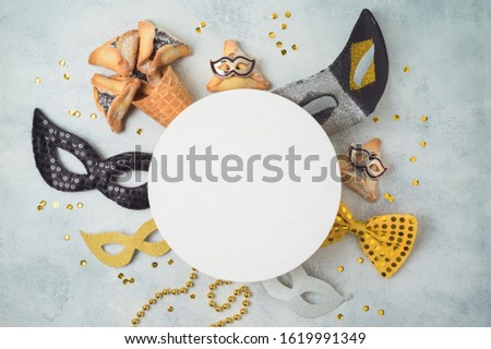 Jewish holiday Purim celebration background. Top view from above
