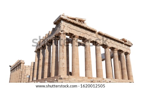 The Parthenon (Athens, Greece) isolated on white background. It is a temple on the Athenian Acropolis dedicated to the goddess Athena Royalty-Free Stock Photo #1620012505
