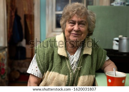 Portrait of cheerful smiling elderly woman on a kitchen at home. Royalty-Free Stock Photo #1620031807
