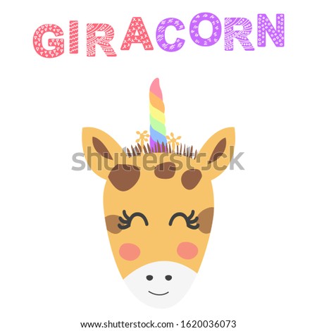 Giracorn. cute funny giraffe with a unicorn horn, Scandinavian style flat design. Concept for children print.