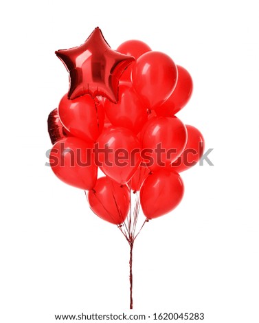 Big bunch of red latex and metallic balloons objects for birthday party or valentines day surprise isolated on a white background