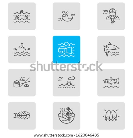 Vector illustration of 12 marine icons line style. Editable set of sailor man, sunset in the sea, shark and other icon elements.